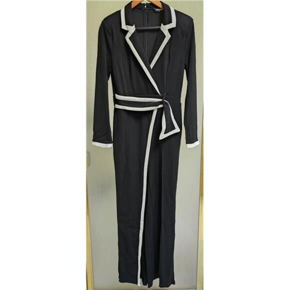 Women's Wrap Front Jumpsuit Long Sleeve Notched Collar Padded Shoulder - Picture 10 of 11